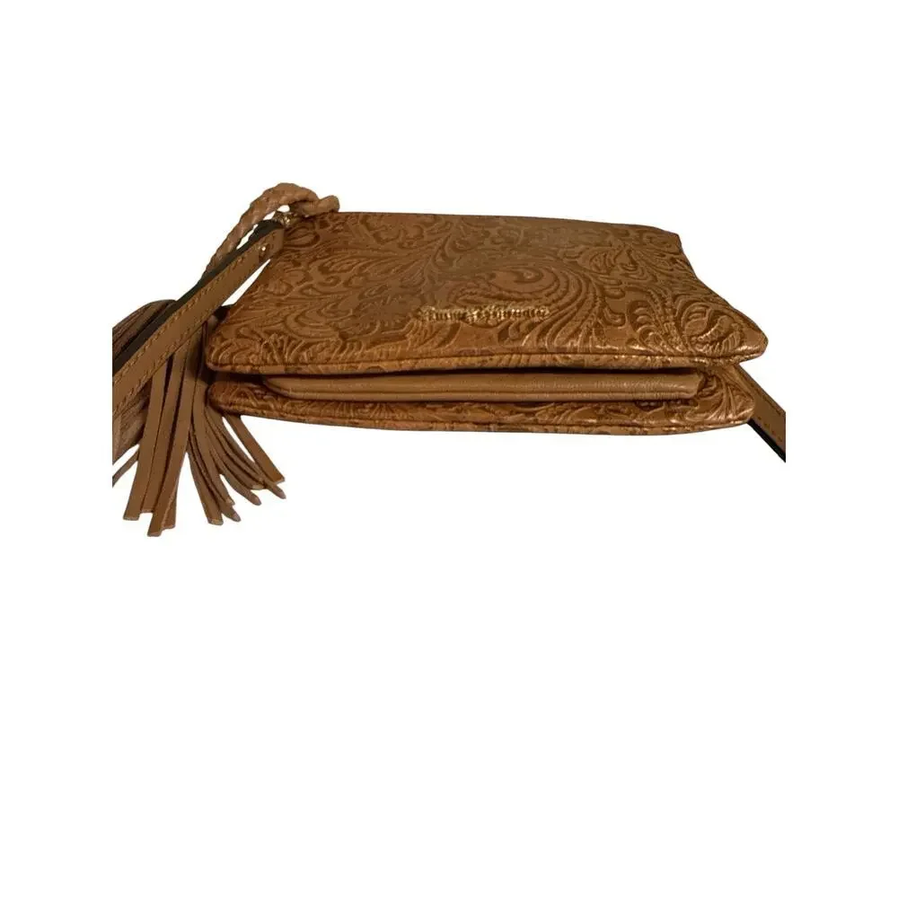 Tommy Bahama Bronze Metallic Tooled Leather Crossbody Wallet Bag